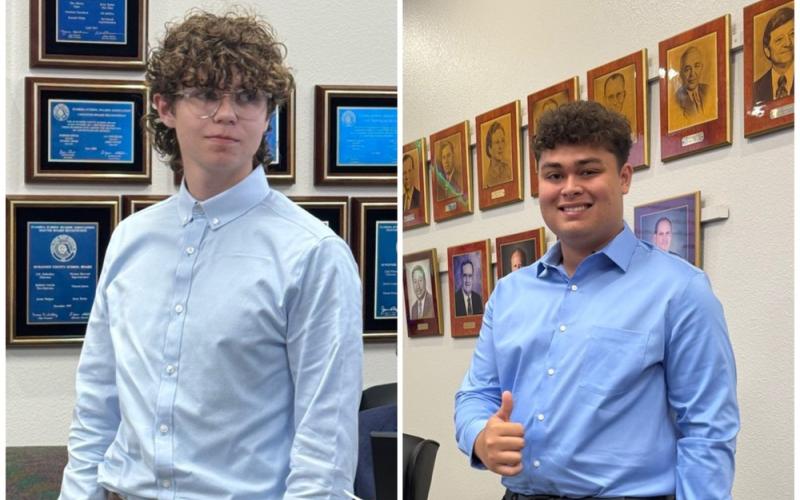 Suwannee junior Cooper Williams (left) and Branford senior Jon Weisner are the schools’ student ambassadors at the Suwannee County School Board meetings. (PHOTOS COURTESY SUWANNEE COUNTY SCHOOL DISTRICT)