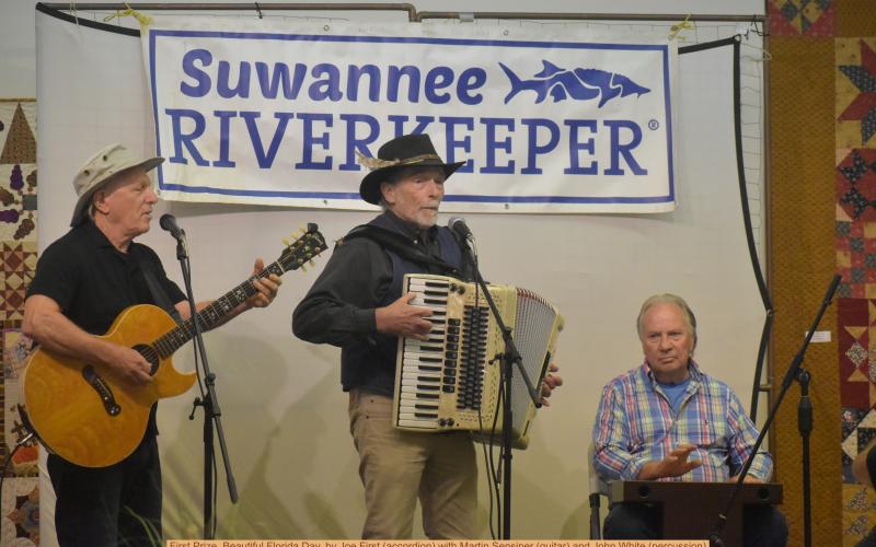 Joe First, playing the accordion, performs ‘Beautiful Florida Day’ with Martin Sensiper (guitar) and John White (percussion) in the Suwannee Riverkeeper Songwriting Contest at the WWALS River Revue on Sept. 6 at The Turner Center for the Arts. (COURTESY)