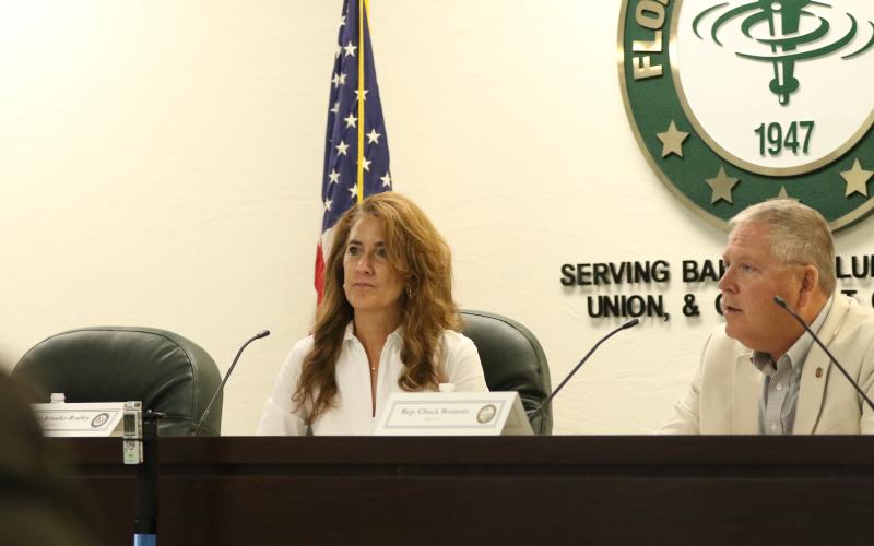 Sen. Jennifer Bradley and Rep. Chuck Brannan listen during a previous legislative delegation meeting at Florida Gateway College. This year’s Columbia County meeting is scheduled for Tuesday at FGC. (FILE)