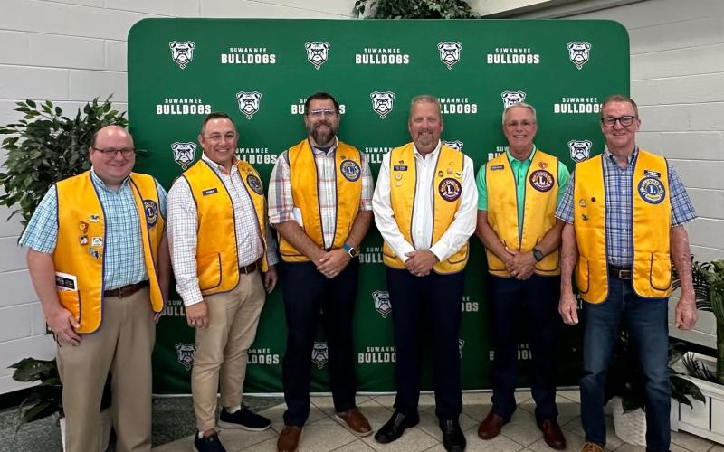 Live Oak Lions Club members Stevie Harris (from left), John  Curls, Adam Hitt, Coy Howell, David Jordan and Chris Fry are pictured at an event at Suwannee High School. The Lions Club has a LEO Club established at SHS. (COURTESY)
