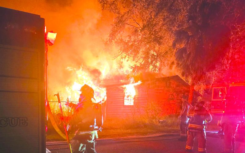 Live Oak Fire Department and Suwannee County Fire Rescue crews battled a blaze at an abandoned house at the Hreen Avenue and Howart Street intersection Oct. 16. (COURTESY LIVE OAK FIRE DEPARTMENT)