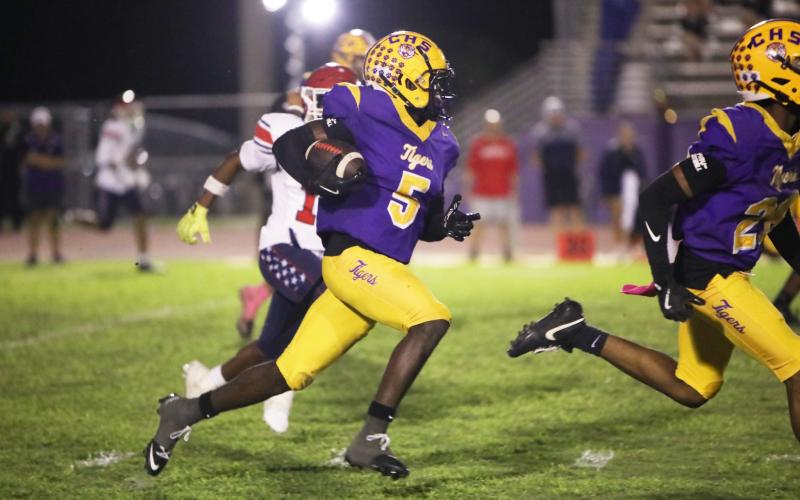 Columbia cornerback Tacori Allen picked off two Manatee passes Friday night, returning one for a touchdown at Tiger Stadium. (BRENT KUYKENDALL/Lake City Reporter)