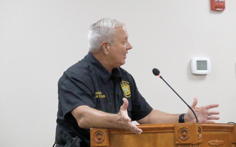 Suwannee County Sheriff Sam St. John tells the County Commission about the Flock Safety cameras the SCSO is using to help solve crimes. (JAMIE WACHTER/Lake City Reporter)