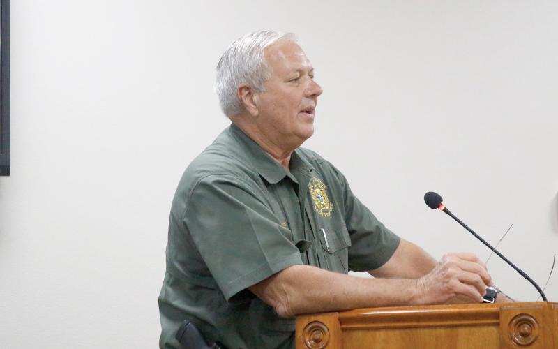 Sheriff Sam St. John answers questions Tuesday about the findings regarding his office that were identified in the audit by Powell and Jones. (JAMIE WACHTER/Lake City Reporter)