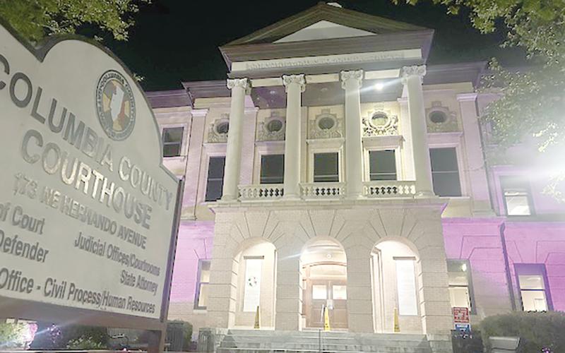 The Columbia County Courthouse is lit up in purple this month for National Domestic Violence Awareness Month in an effort to the services provided to victims of domestic violence. (COURTESY JAY SWISHER)