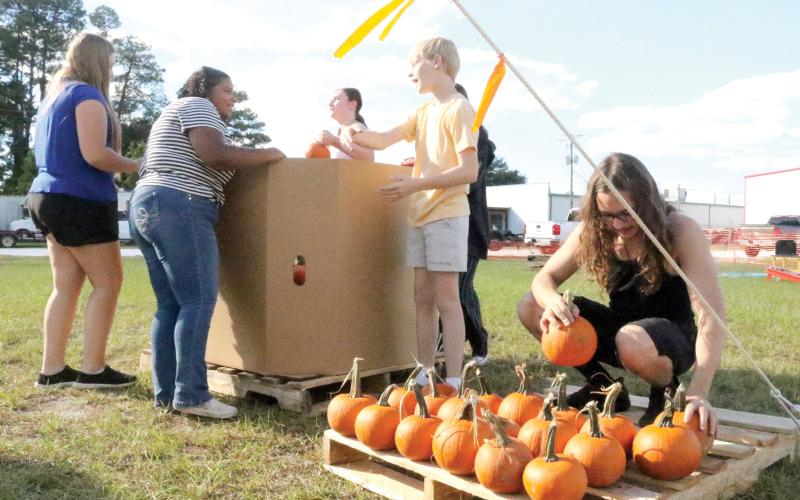 Ryan Pursel arranges pumpkins on a pallet at the Columbia High School Pumpkin Patch. Local FFA students are trying to sell the 1,502 pumpkins as a fundraiser. (TONY BRITT/Lake City Reporter)