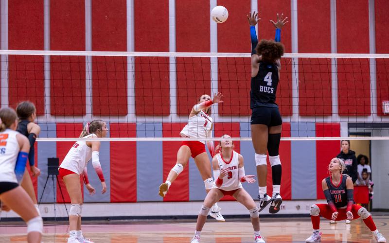 Lafayette hitter Brooke Lamb fires a shot against Branford on Oct. 9. (JACK HOWDESHELL/Lake City Reporter)