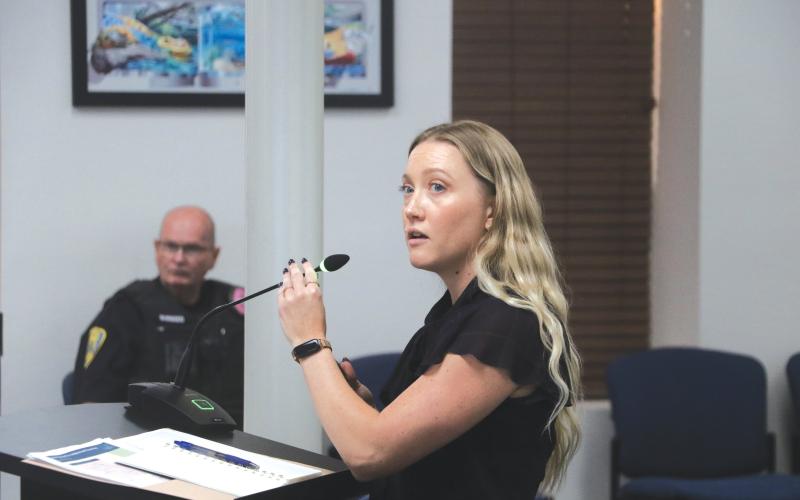 Lauren Rushing, a project manager with NUE Urban Concepts, gives a presentation to the Lake City Council at Monday’s meeting. (MORGAN MCMULLEN/Lake City Reporter)