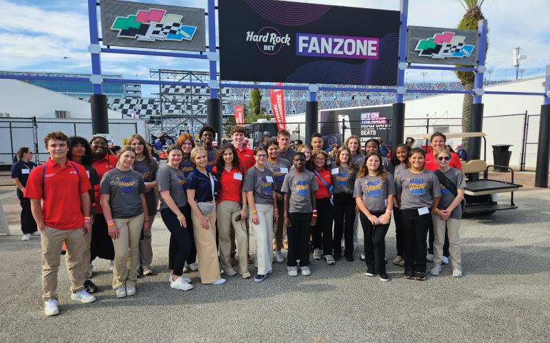 A highlight of the FBLA State Leadership Conference in Daytona Beach for the Lafayette High chapter was the visit to the Daytona International Speedway where the students got to hear a keynote address from NASCAR President Steve O’Donnell. (COURTESY)