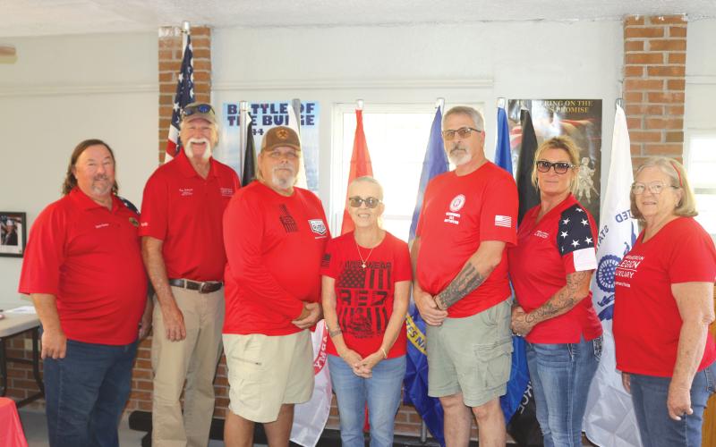 American Legion Post 423 officers Commander Mark Beebe (from left), First vice Tom Johnson, Finance officer Chuck Caldwell, Service officer Rusty Ann Brown, Sgt. at Arms Michael McKinney, Historian Seven Beebe and Auxiliary President Lisa Dye. (TONY BRITT/Lake City Reporter)