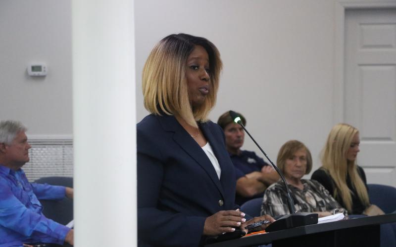 Leslie Buckholtz with Precept Acquisitions talked to the Lake City Council on Monday about a five-stage process to develop workforce housing in the city through a partnership with her company and the city. (MORGAN MCMULLEN/Lake City Reporter)