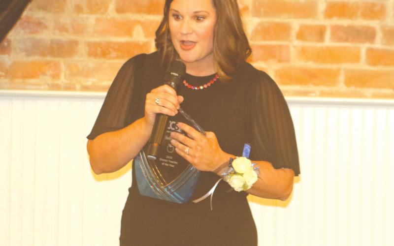 Westside Elementary School’s Shelly Teel speaks to the crowd after winning the Columbia County Teacher of the Year award last year. (FILE)