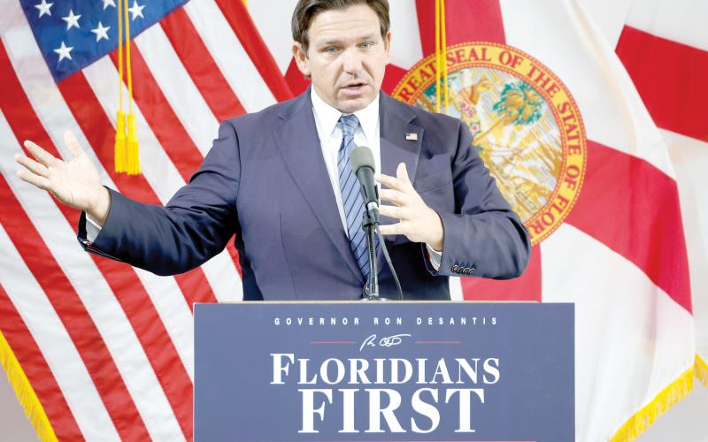 Florida Gov. Ron DeSantis discusses the state’s 2026–27 budget proposal during a news conference at the Dr. Phillips Center for the Performing Arts in Orlando on Wednesday. (RICH POPE/Orlando Sentinel/TNS)