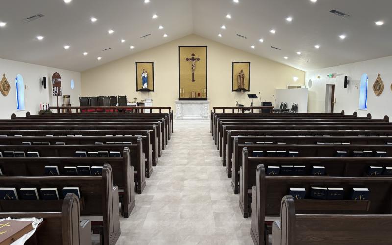 The renovated San Juan de la Cruz Catholic Mission in Branford reopened Sunday with a dedication Mass. The church had been closed since April 2023 for renovations. (COURTESY)