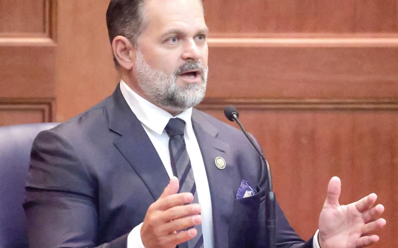U.S. Rep. Cory Mills talks during a hearing at the Columbia County Courthouse in September. Mills was hit with a restraining order in October to stay away from Lindsey Langston. (Joe Burbank/Orlando Sentinel)