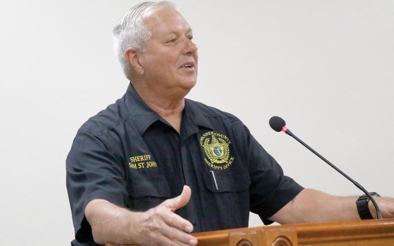 Sheriff Sam St. John speaks at a Suwannee County Commission meeting in April where an independent audit was ordered on the Emergency Operations Center. That audit led to the county taking emergency management away from the sheriff’s office. (FILE)