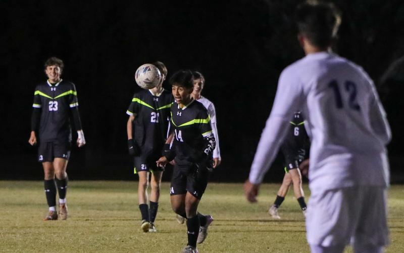 Columbia's David Gomez corrals possession against Keystone Heights on Nov. 10. 2025. (BRENT KUYKENDALL/Lake City Reporter)