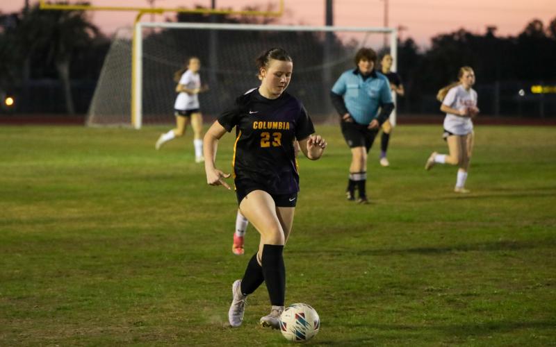 Sydney Agner dribbles up the field against Santa Fe on Jan. 6. (BRENT KUYKENDALL/Lake City Reporter)