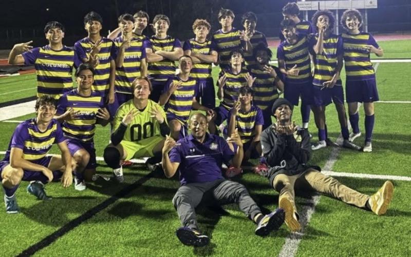 Columbia’s boys soccer team celebrates after upsetting nationally-ranked Niceville 3-2 on Saturday at the South Walton Showdown. (COURTESY)