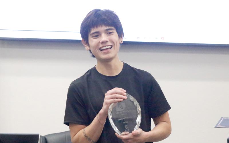 Suwannee High senior Randy ‘Zakk’ Womble was honored Tuesday night at the Suwannee County School Board meeting for earning a Leaders for Life scholarship from Take Stock in Children and the Asofsky Family Foundation. (JAMIE WACHTER/Lake City Reporter)