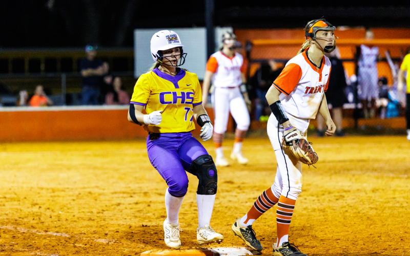 Columbia pitcher Ryleigh Stone reaches first base after hitting a single against Trenton with two outs in the seventh inning Tuesday night. Stone was ultimately left stranded on second base as CHS fell to THS 4-1. (JACK HOWDESHELL/Lake City Reporter)
