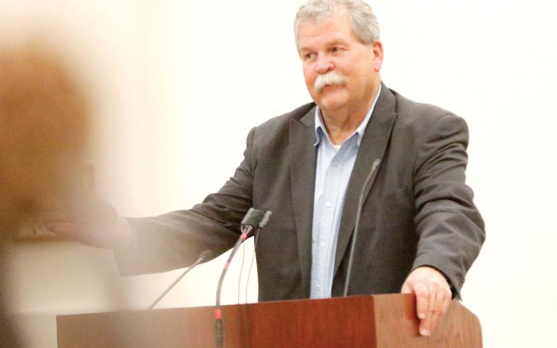 Suwannee River Water Management District Executive Director Hugh Thomas, talking to the Columbia County Commission on Thursday, said the district appreciates the ‘community’s passion for our natural resources.’ (JAMIE WACHTER/Lake City Reporter)