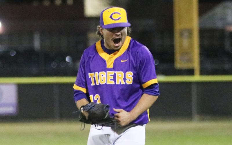 Columbia pitcher Kyler Keen celebrates after striking out the side against Buchholz in the second inning on Friday. (JORDAN KROEGER/Lake City Reporter)