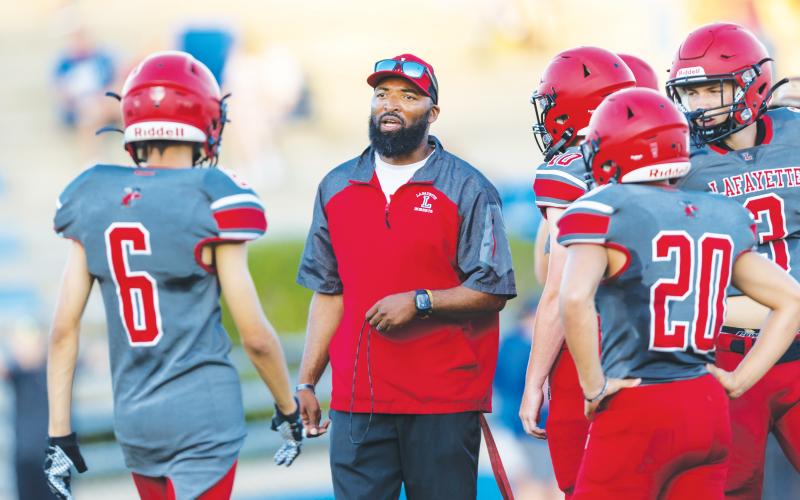 Lafayette coach Marcus Edwards addresses his team during last May’s spring game. (FILE)