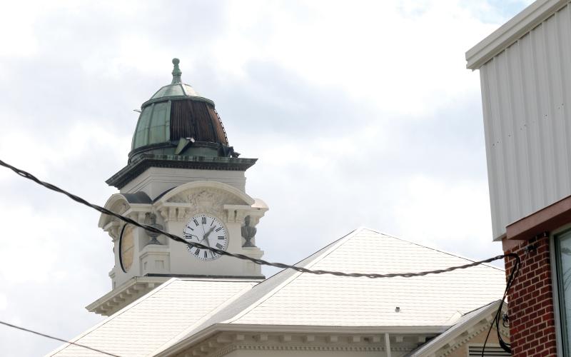 The dome on the historic Suwannee County Courthouse was damaged by Hurricane Helene in October 2024. The county is rebidding the repair project on the dome. (FILE)