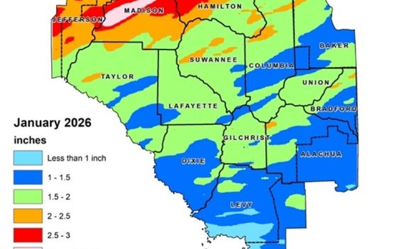 Most of the counties within the Suwannee River Water Management District received between 1 and 2 inches of rain in January, below the historical average and adding to the existing drought conditions for North Florida. (SUWANNEE RIVER WATER MANAGEMENT DISTRICT)
