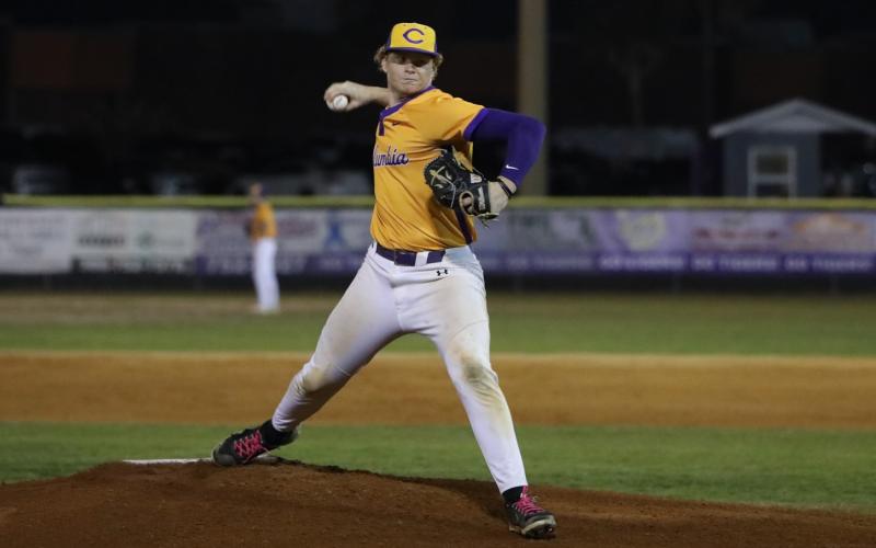 Columbia pitcher Nolan Slaymaker pitches against Newberry on Tuesday. (BRENT KUYKENDALL/Lake City Reporter)