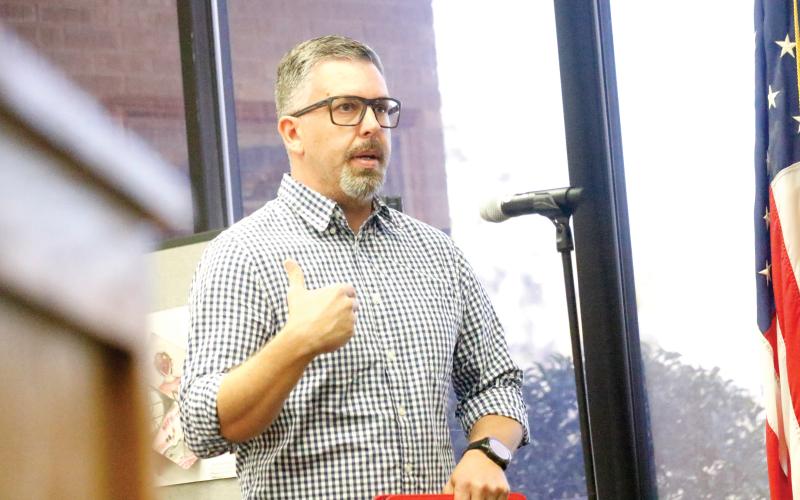Thomas Anderson, the president of the Professional Firefighters of Live Oak Local 2481, speaks to the Live Oak City Council about the benefits of moving to a 48-on, 96-off schedule for firefighters. (JAMIE WACHTER/Lake City Reporter)