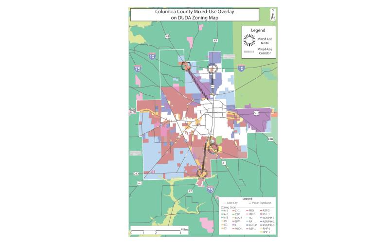 The mixed-use overlay district areas being considered for Columbia County are along interstate interchanges on State Road 47 and U.S. Highways 41 and 441 as well as near Columbia High School. (COURTESY)