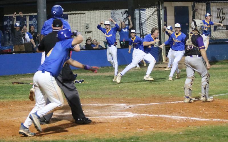 Newberry players pour out of the dugout after Desmond Taylor scored the game-winning run to defeat Columbia 12-11 on Tuesday. (JORDAN KROEGER/Lake City Reporter)