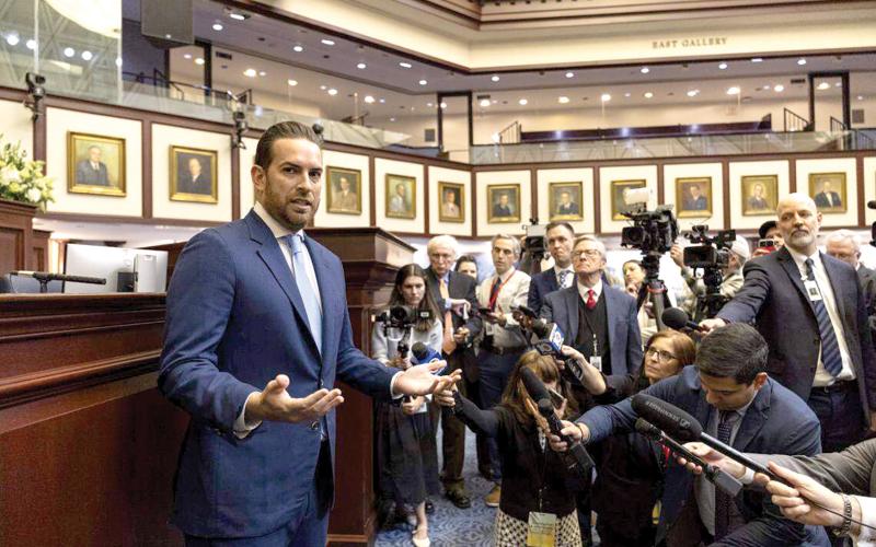 Florida House Speaker Daniel Perez speaks to the media during the first day of the legislative session at the Florida State Capitol on Jan. 13 in Tallahassee. (MATIAS J. OCNER/Miami Herald)
