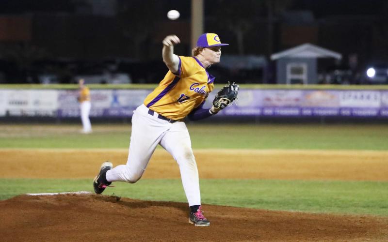 Columbia pitcher Nolan Slaymaker unloads a pitch against Newberry on March 3. (BRENT KUYKENDALL/Lake City Reporter)