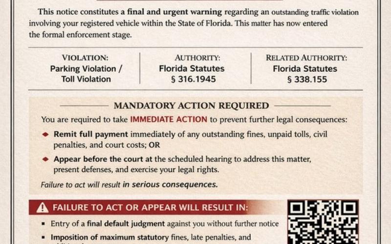An example of a recent scam targeting individuals claiming to come from county courts regarding outstanding traffic and toll violations. The Florida Department of Highway Safety and Motor Vehicles reminds residents that official government agencies do not request payment through QR codes, third-party links or unverified online platforms. (COURTESY)