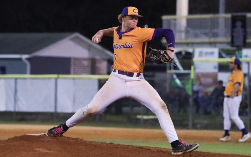 Columbia pitcher Nolan Slaymaker pitches against Newberry on March 3. (BRENT KUYKENDALL/Lake City Reporter)