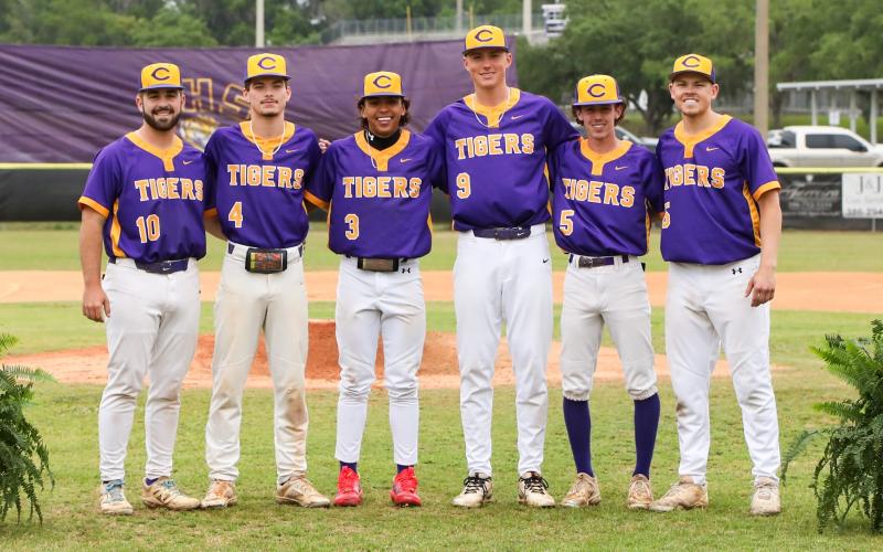 Columbia seniors Casen Maddox (from left), Colton Mote, Abraham Martinez, Tison McCray, Nolan Martin and Case Bennett were honored for Senior Night prior to Monday's win over Keystone Heights. (BRENT KUYKENDALL/Lake City Reporter)