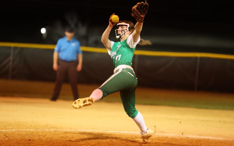 Suwannee pitcher Emalyn Watley unloads a pitch against Branford on March 9. (PAUL BUCHANAN/Lake City Reporter)