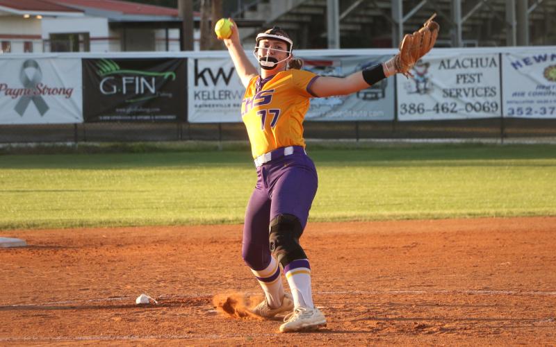 Columbia pitcher Ryleigh Stone winds up to pitch against Santa Fe on Thursday. (MORGAN MCMULLEN/Lake City Reporter)