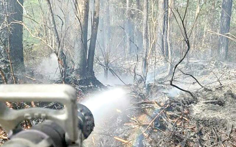 Firefighters utilize water to help extinguish heat within the root system of trees and the duff layer on the Sargent fire in order to reduce risk of rekindle and help fully contain the fire. The wildfire, which began in Baker County on Thursday and has spread to northeastern Columbia County is 50% contained. (COURTESY FLORIDA FOREST SERVICE)