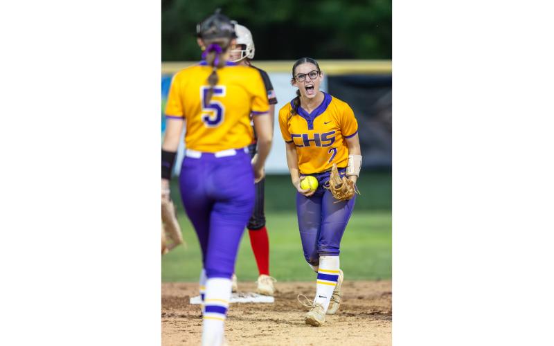 Columbia shortstop Alannah Lord (2) celebrates after recording an out against Baker County during the Region 1-4A championship on May 14. The Tigers won 6-2 to advance to the Class 4A Final Four. (JACK HOWDESHELL/Lake City Reporter)