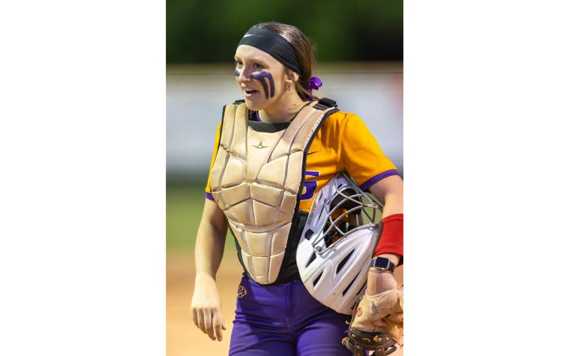 Columbia catcher Emily Delgado reacts during the Region 1-4A championship against Baker County on May 14. Delgado has been a four-year starter behind the plate. (JACK HOWDESHELL/Lake City Reporter)