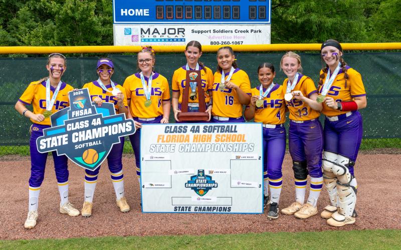 Columbia seniors Addyson Sherman (from left), Luisa Taylor, Raelyn Wehinger, Ava Christie, Lauryn Lee, Amani Tunsil, Anna Dansby and Emily Delgado wrapped up their careers with a state championship on Saturday. (JACK HOWDESHELL/Lake City Reporter)