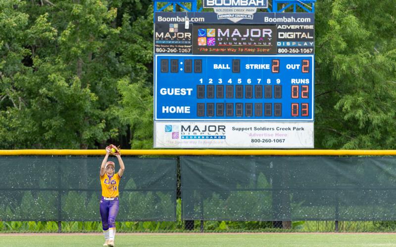 Columbia right fielder Marlee Hunt makes the catch for the final out of the Tigers' 3-2 win over Lake Wales in the Class 4A state championship on Saturday. (JACK HOWDESHELL/Lake City Reporter)