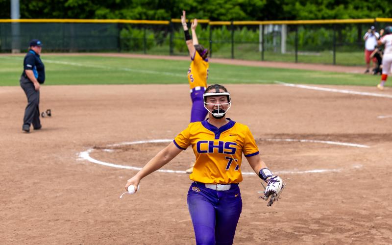 Columbia pitcher Ryleigh Stone smiles as she realizes the Tigers won the Class 4A state championship over Lake Wales on Saturday. (JACK HOWDESHELL/Lake City Reporter)