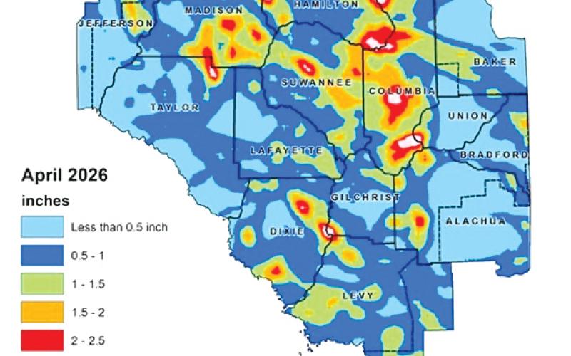 The Suwannee River Water Management District’s Hydrological Conditions Report shows areas of Columbia and Suwannee counties received substantial rainfall in April but are still in heavy drought. (COURTESY SUWANNEE RIVER WATER MANAGEMENT DISTRICT)