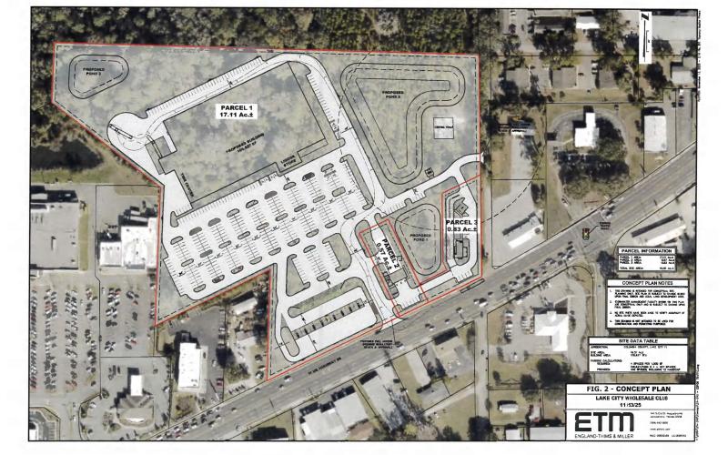 The conceptual plan for the proposed BJ’s Wholesale Club on U.S. Highway 90 next to Publix shows where there would be entrances to the store, which would include a tire center and liquor store, from both U.S. 90 and from Hackney Terrace. The site also would have a pair of out parcels for other retail sales. (COURTESY)