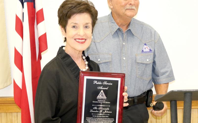 Retired Third Judicial Circuit Court Judge Leandra Johnson was recognized Monday night by the Columbia County Farm Bureau. The Farm Bureau named Johnson its 2026 Public Service Award winner at its annual public officials dinner. (TONY BRITT/Lake City Reporter)